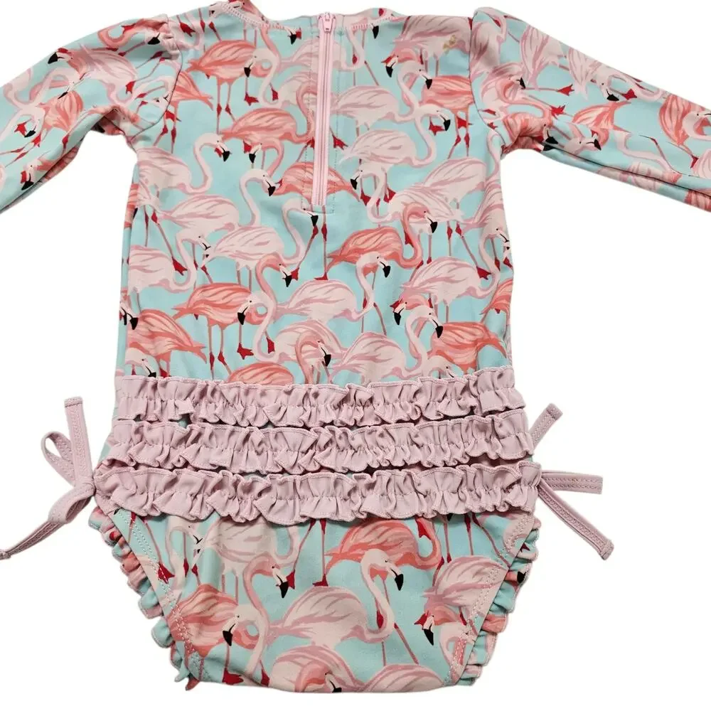 RuffleButts Vibrant Flamingo Long Sleeve One Piece Rash Guard Swimsuit 18-24 MO